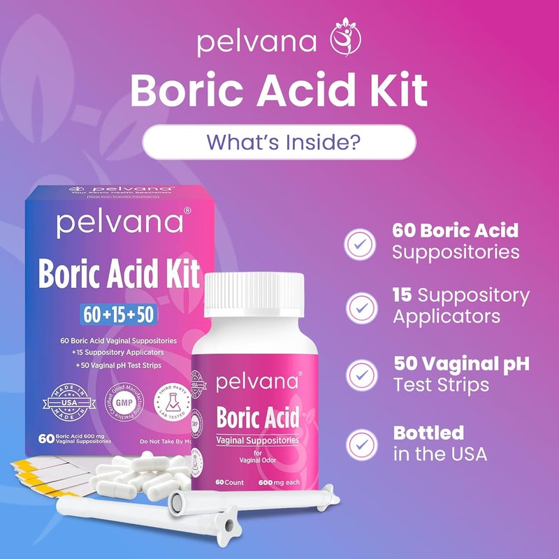 pelvana Boric Acid Suppositories for Women 60 + 15 Applicators + 50 pH Test Strips, Total of 125 Piece Kit for Vaginal Odor - Third-Party Verified & Bottled in The USA - Feminine Health Odor Solution - Image 2